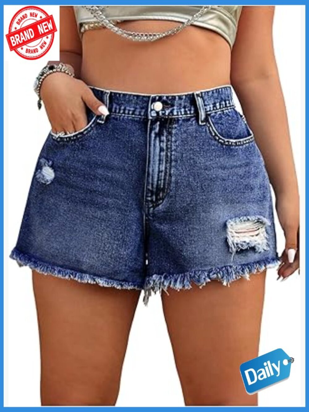 Plus Size Distressed Wide Leg Denim Shorts Jean Shorts with Pockets
